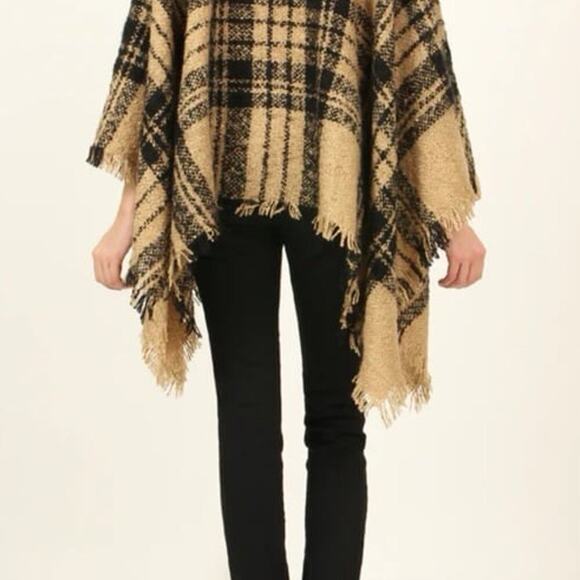 Poncho women’s size L-XL black & tan funnel neck sweater like - Picture 6 of 6